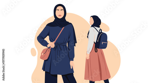 Modern modest fashion presentation featuring two young women wearing stylish hijabs and long tunics with a backpack and handbag.