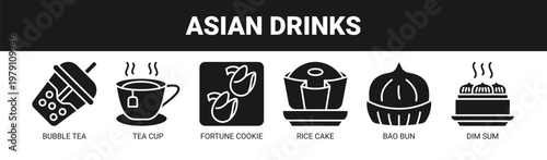 Asian Drinks web banner icon vector illustration concept with icons of bubble tea, tea cup, fortune cookie, rice cake, bao bun, and dim sum. 