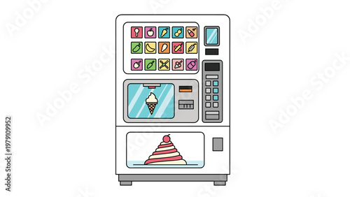 Colorful illustration of a modern food vending machine filled with various snacks, healthy fruits, and delicious ice cream cones.