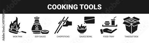 Cooking Tools web banner icon vector illustration concept with icons of wok pan, soy sauce, chopsticks, sauce bowl, food tray, and takeout box. 