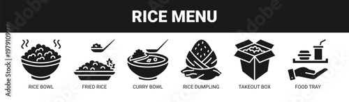 Rice Menu web banner icon vector illustration concept with icons of rice bowl, fried rice, curry bowl, rice dumpling, takeout box, and food tray. 