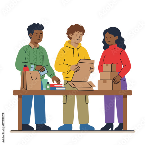 Diverse group of young adults packing boxes for donation.