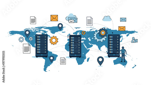 Global data network concept featuring server racks placed on a world map with various digital communication icons.