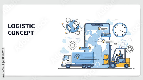 Comprehensive logistics concept features a delivery truck and forklift next to a global tracking app on a smartphone.