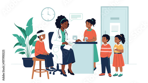 Caring female pediatrician consults with several young children and their mother in a friendly clinic environment.