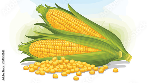 Two fresh ears of corn with green husks are shown alongside a small pile of loose yellow kernels on a white background.