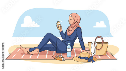 Muslim woman wearing a hijab and modest swimwear relaxes on a beach mat while holding a bottle of sunscreen.