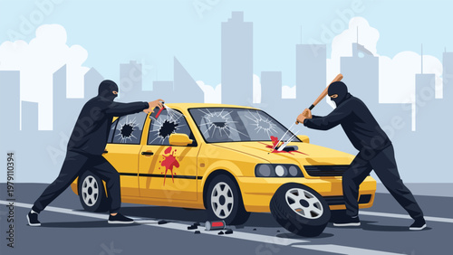 Two criminals wearing black balaclavas vandalize a yellow car in a city street using a baseball bat and spray paint.