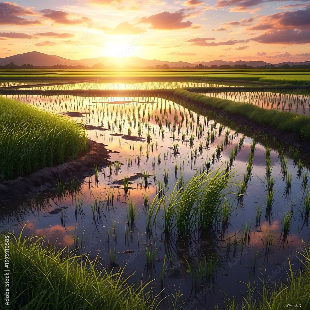 Obraz premium Serene rice field at sunset landscape.