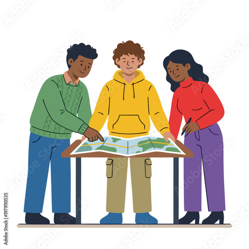 Diverse group of young people studying a map together.