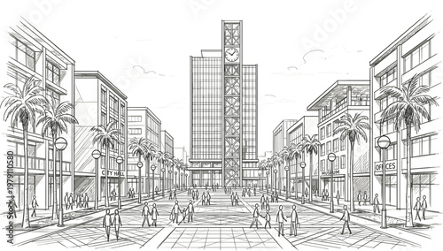 Urban city square with palm trees and modern buildings line drawing featuring central clock tower and pedestrian street perspective