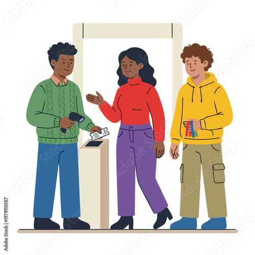 Diverse group of young people at a ticket booth.