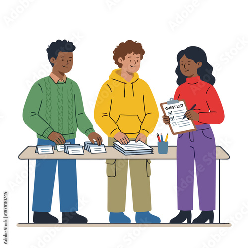 Diverse group of young people working at a registration desk.