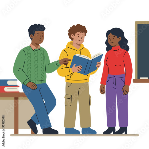 Diverse students collaborating on a book in a classroom setting.