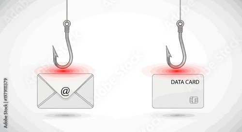 Phishing concept with hook on envelope and data card