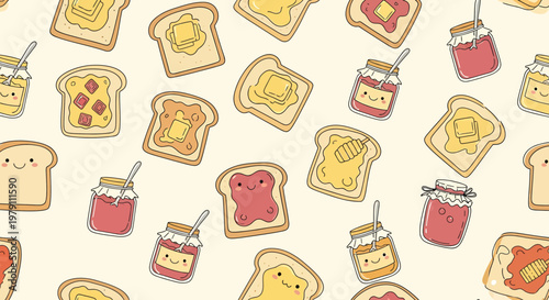 Cute Kawaii Toast and Jam Pattern, Breakfast Food Illustration, Adorable Food Characters