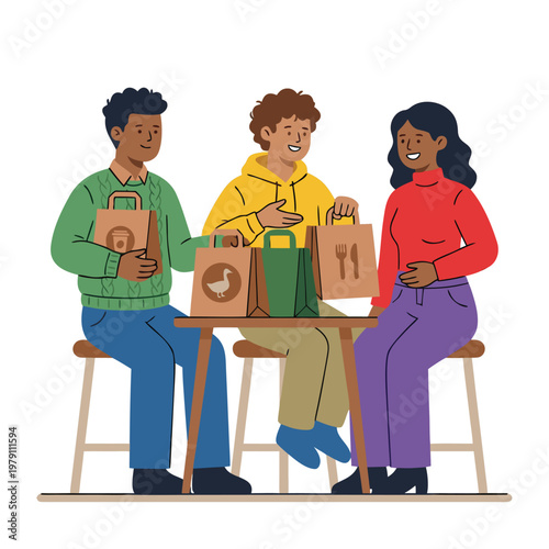 Friends enjoying takeout food together at a table.