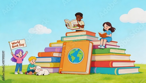 Illustration of children reading books on a large stack of books, celebrating World Book Day. Highlights education, reading, and literary engagement for kids.