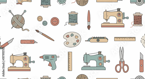 Handmade Craft Supplies Seamless Pattern: Sewing, Knitting, Painting Tools