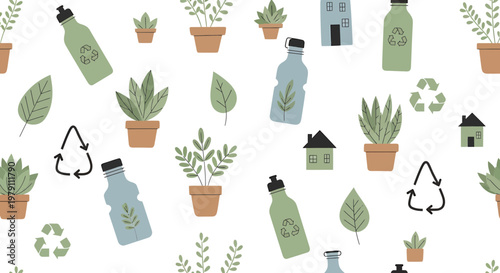 Eco-friendly lifestyle pattern: plants, recycling, reusable bottles, and houses