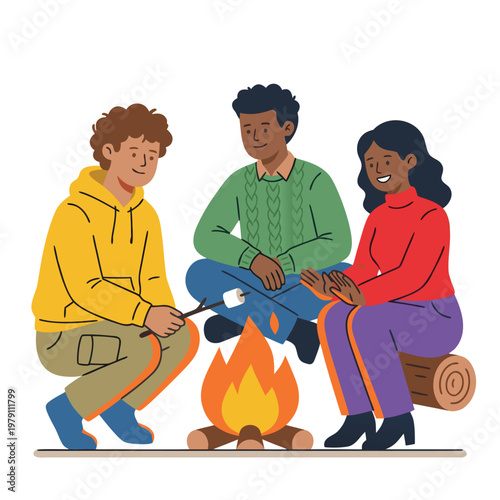 Friends roasting marshmallows around a campfire.