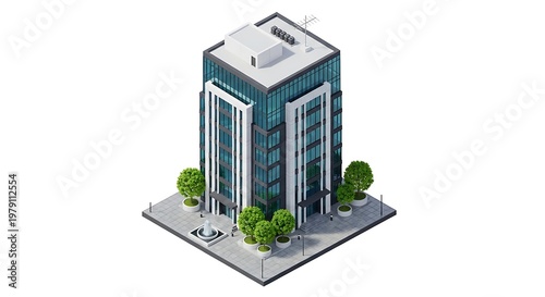 Detailed isometric 3D render of a modern office building with a sleek glass facade, featuring vibrant green trees, a central fountain, and street lighting. Isolated on white.