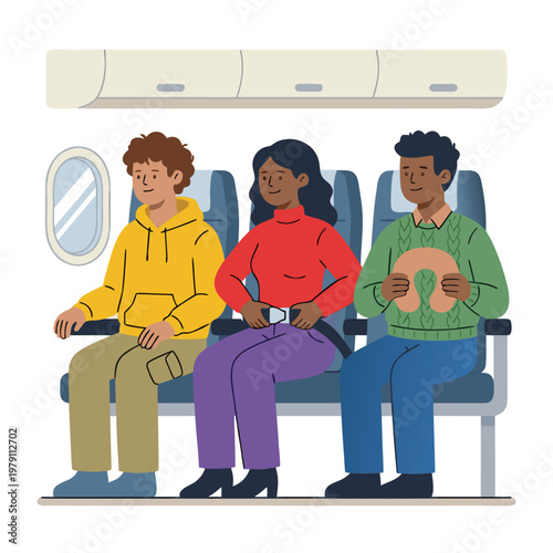 Three diverse people sitting on an airplane during a flight.