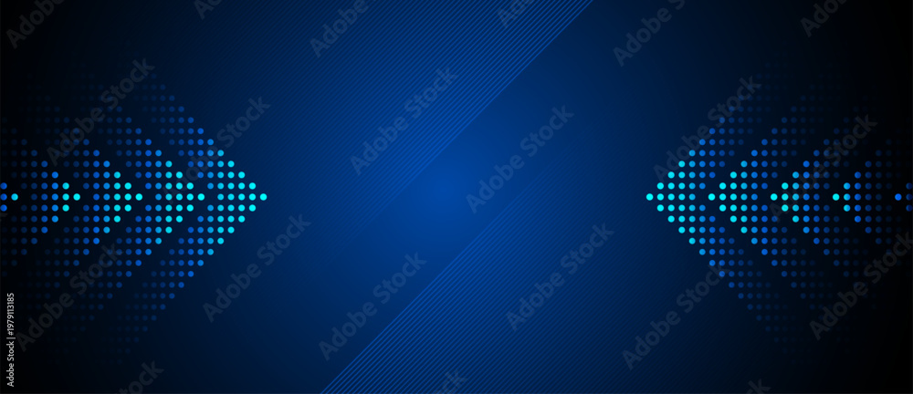 Obraz premium Futuristic Blue Data Exchange Background with Symmetrical Arrow Dots. Modern Blue Technology Background with Digital Arrow Flow and Dot Pattern