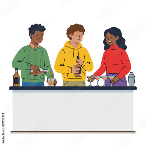 Three friends making cocktails at a bar.