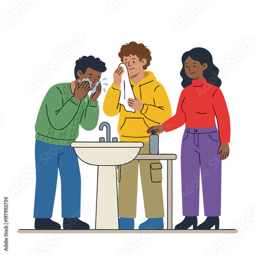 Three people washing hands and face at sink.