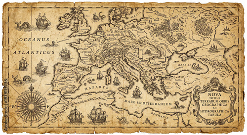 Vintage antique world map with ships and compass rose