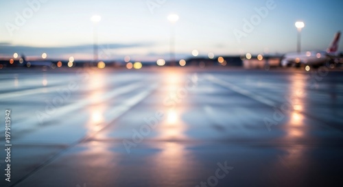 Blurred airport tarmac at twilight with glowing lights reflecting on the wet ground.