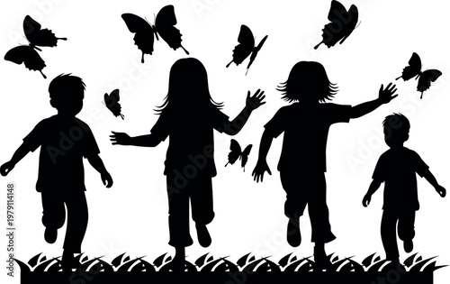 Children playing and chasing butterflies in a grassy field
