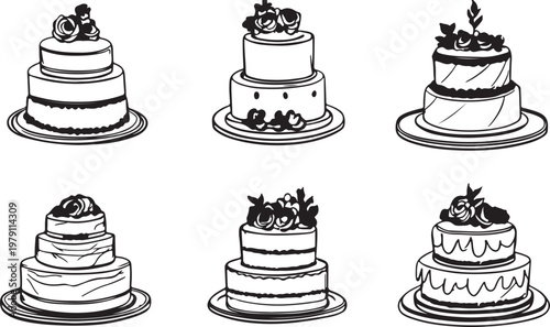 Set of cake and dessert icons featuring wedding cakes, cupcakes, and sweet bakery treats in a colorful celebration vector illustration style