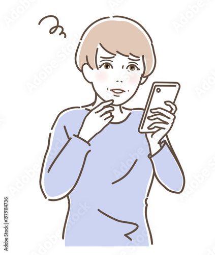 スマートフォンを見て困惑する表情の中高年女性 ベクターイラスト(Confused middle-aged woman looking at smartphone screen vector illustration)