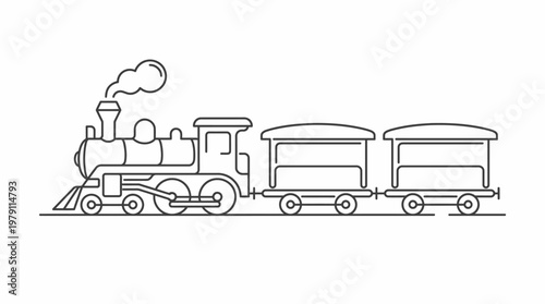 Simple Line Art Drawing of a Classic Steam Train with Two Carriages.