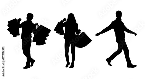 Silhouettes of people carrying shopping bags, representing consumerism and retail therapy