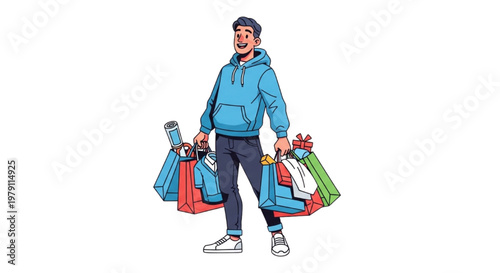Happy man holding shopping bags with purchases after a successful shopping spree