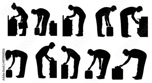 Collection of Silhouettes of People Interacting with Luggage and Containers