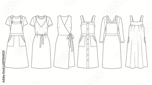Collection of various womens dress fashion flat sketches.