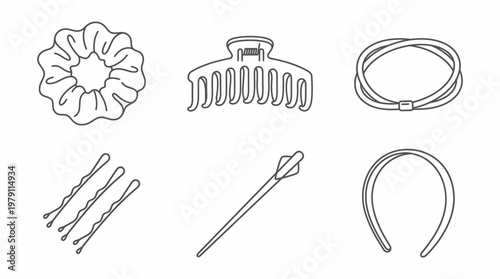 Collection of various hair accessories including scrunchie, claw clip, hair ties, bobby pins, hair stick, and headband.