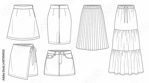 Collection of various womens skirts fashion flat sketches.