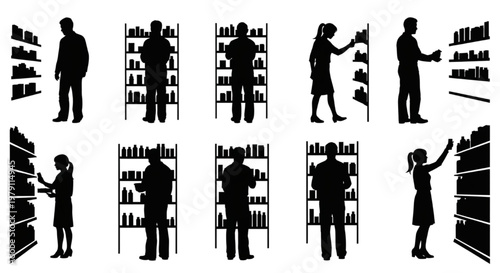 Silhouettes of shoppers browsing shelves in a supermarket or store aisles