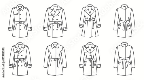 Collection of various trench coat designs in outline style.