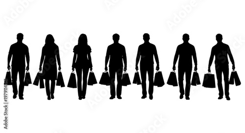 Silhouettes of people carrying shopping bags, suggesting consumerism and retail activity