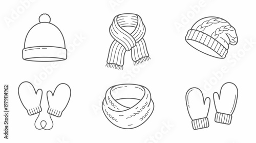 Hand-drawn winter accessories set featuring hats, scarves, and mittens, perfect for cold weather fashion.