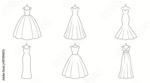Collection of various elegant wedding dress silhouettes on hangers.