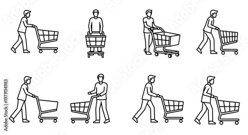 Collection of line drawings depicting people interacting with shopping carts