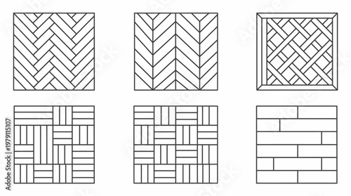 Set of various parquet flooring patterns and wood floor textures.