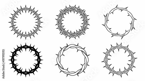 Collection of six unique crown of thorns illustrations representing sacrifice and faith.